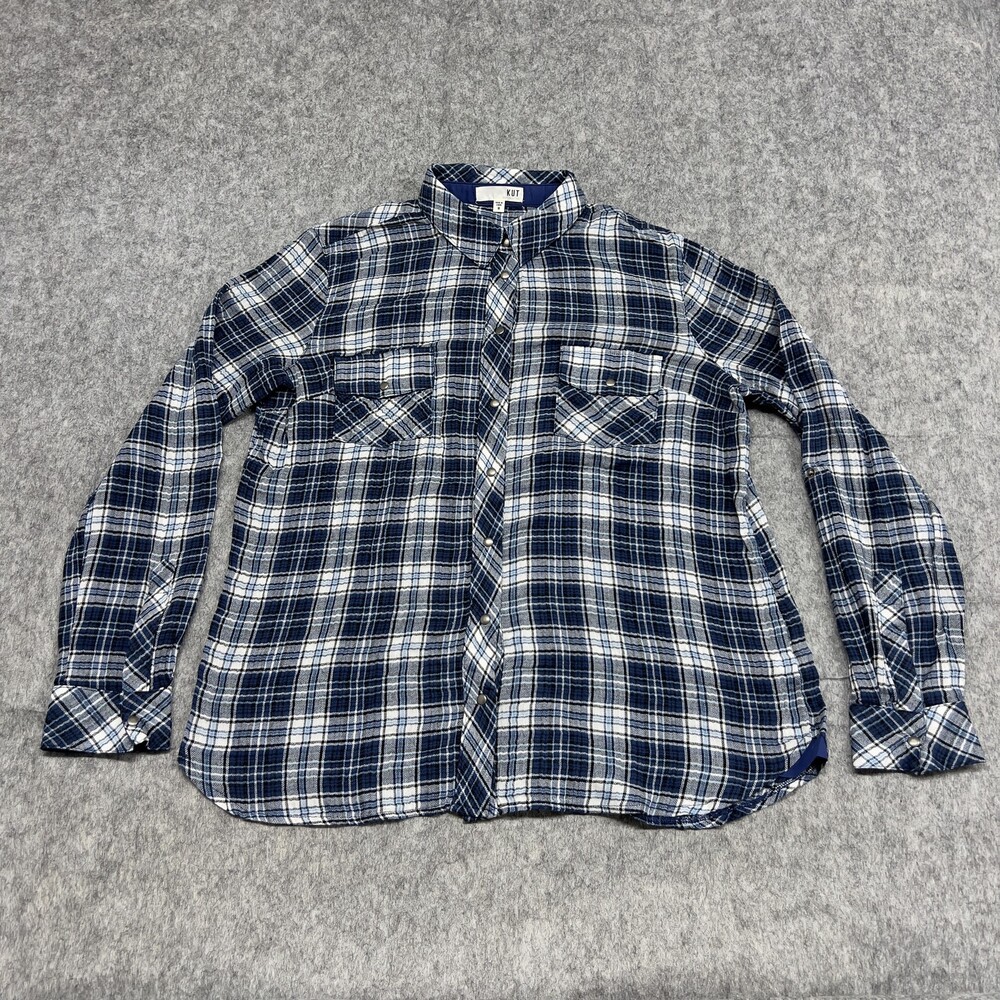 Kut From The Kloth Shirt Womens Medium Blue Plaid Flannel Pearl Snap Western Top